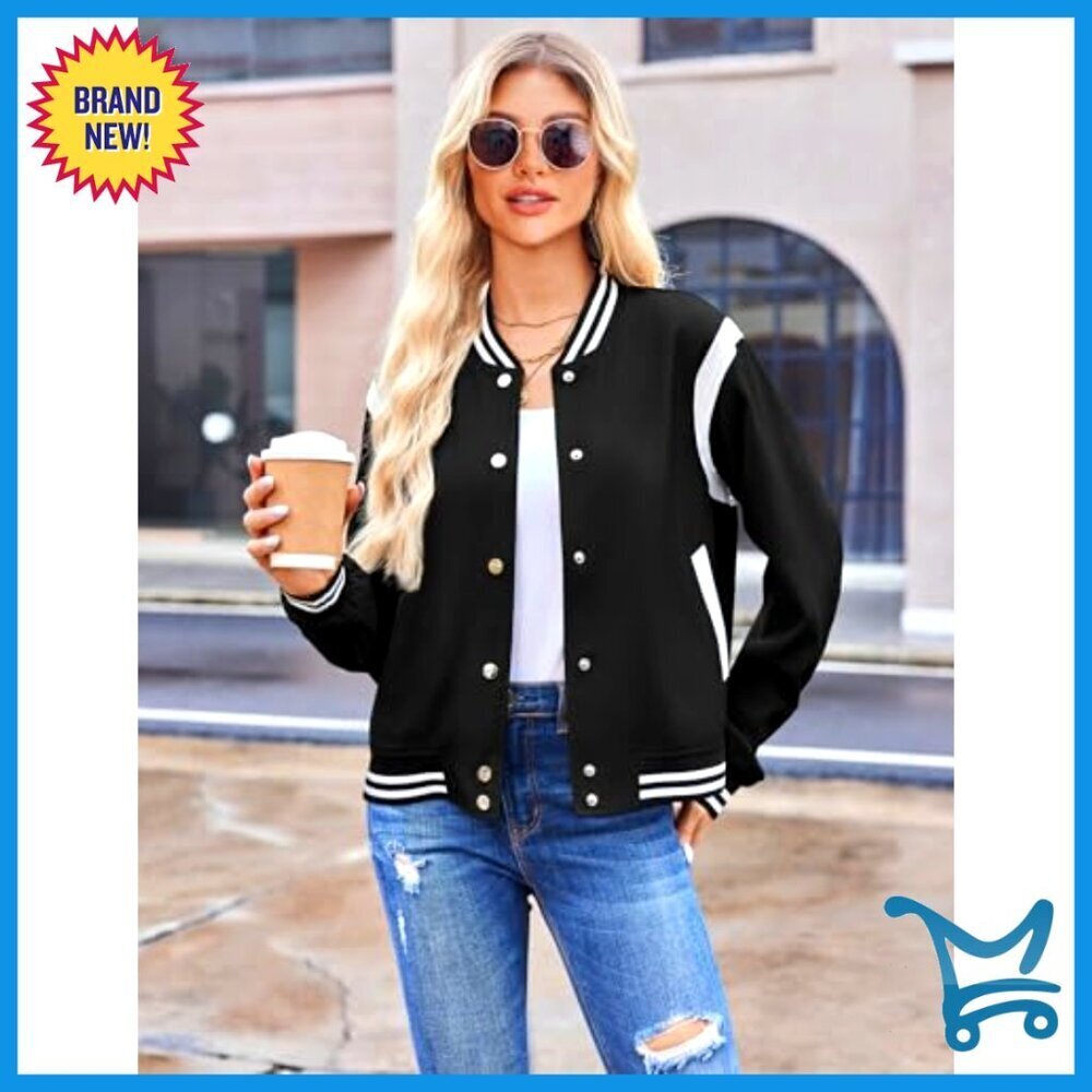 Lightweight Bomber Jacket Varsity Style Snap Button Casual Oversized Fit - Picture 3 of 7